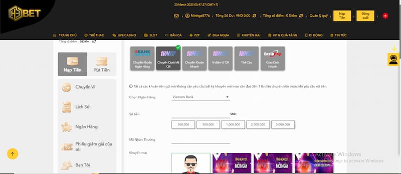 thủ tục nạp tiền rút tiền H3BET 